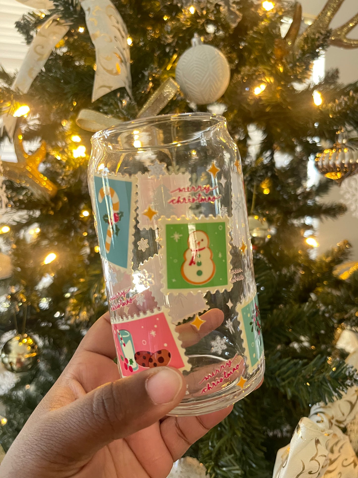 Christmas Stamps 16oz Glass Cup