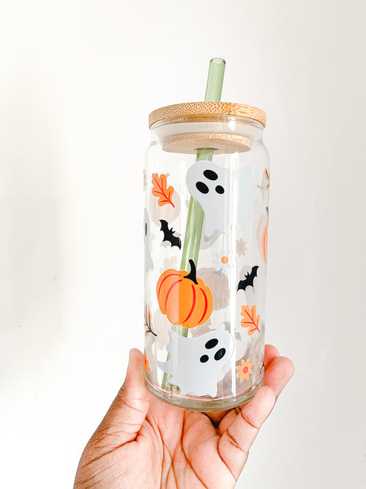 Cute Ghost & Pumpkins Glass Cup (20oz Only)